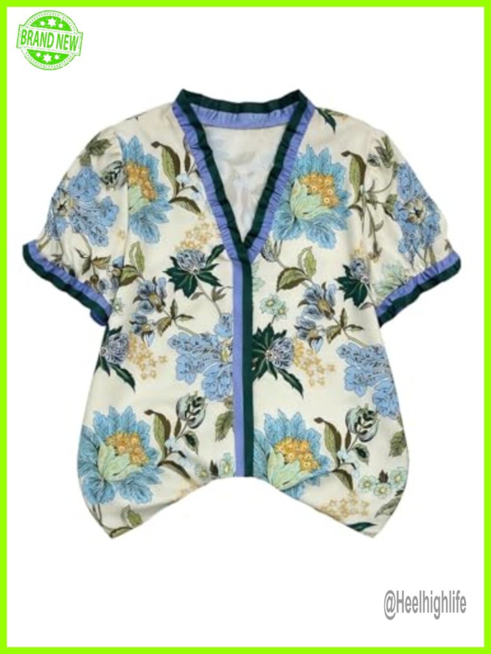 Boho Floral Print V Neck Blouse Short Sleeve Ruffle Trim Vacation Top